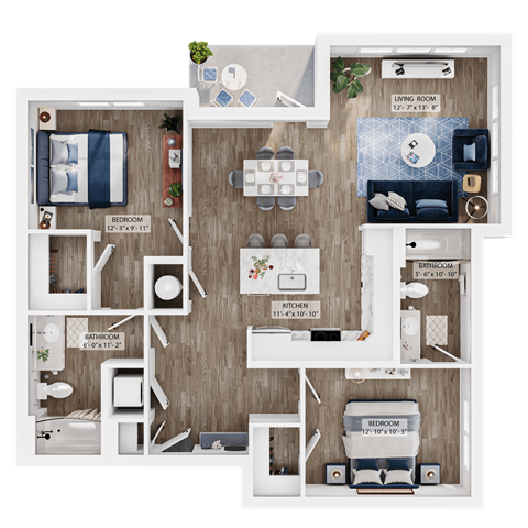 Floor plan for 2 beds, 2 baths, 1155 sqft